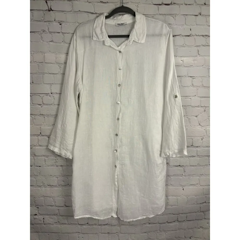 Meo Meli 100% Linen Shirt Dress Button Front Lagenlook White ONE SIZE Italy Made - Picture 1 of 8